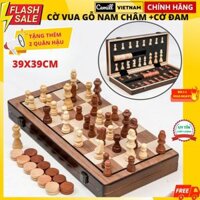 Cờ Vua Gỗ Nam Châm Tặng Kèm 2 Hậu Và 24 Quân Cờ Đam Checkers, Bộ Cờ Vua Gỗ 39cm Gấp Gọn Cao Cấp Cemill