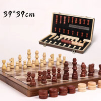 Cờ Vua Gỗ Nam Châm Tặng Kèm 2 Hậu Và 24 Quân Cờ Đam Checkers, Bộ Cờ Vua Gỗ Thông 39cm Gấp Gọn Tiện Lợi