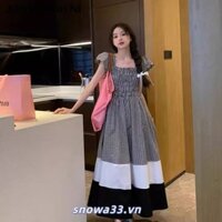 Cổ vuông Pháp Màu sắc-Contrast Kiểm tra tay áo bay Đầm dài giảm béo eo nữ