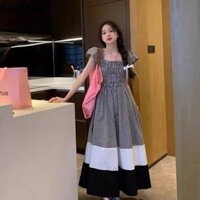 Cổ vuông Pháp Màu sắc-Contrast Kiểm tra tay áo bay Đầm dài giảm béo eo nữ