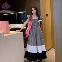 Cổ vuông Pháp Màu sắc-Contrast Kiểm tra tay áo bay Đầm dài giảm béo eo nữ