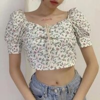 Cổ vuông Tay phồng hoa tay ngắn Áo thun crop fit