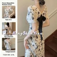 Cổ Vuông Trà Break Đầm Pháp Nữ Mùa Hè Không Đều Slit Slim Fit Giảm Béo Váy Hoa