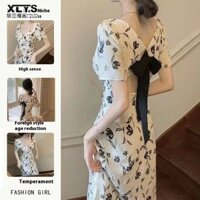 Cổ Vuông Trà Break Đầm Pháp Nữ Mùa Hè Không Đều Slit Slim Fit Giảm Béo Váy Hoa