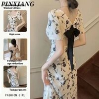 Cổ Vuông Trà Break Đầm Pháp Nữ Mùa Hè Không Đều Slit Slim Fit Giảm Béo Váy Hoa