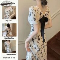 Cổ Vuông Trà Break Đầm Pháp Nữ Mùa Hè Không Đều Slit Slim Fit Giảm Béo Váy Hoa