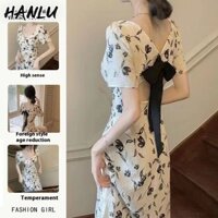 Cổ Vuông Trà Break Đầm Pháp Nữ Mùa Hè Không Đều Slit Slim Fit Giảm Béo Váy Hoa