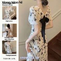 Cổ Vuông Trà Break Đầm Pháp Nữ Mùa Hè Không Đều Slit Slim Fit Giảm Béo Váy Hoa
