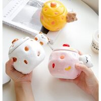 Cốc Ăn Sáng Cho Bé, Cốc Mèo Dễ Thương Có Nắp Và Thìa, Cốc Sứ Sáng Tạo