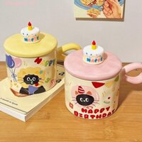 Cốc cà phê gốm AUBREYB, Cốc gốm sứ hình 3D hoạt hình cho mèo, Sáng tạo di động có nắp tay cầm Bộ đồ ăn cốc trà Kawaii