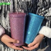 Cốc cà phê long lanh LONGQIYING, Chai giữ nhiệt kim cương giả hai lớp 500ml / 750ml, Sáng bóng bền có nắp Ống hút sáng tạo Bình chân không Quà Giáng sinh