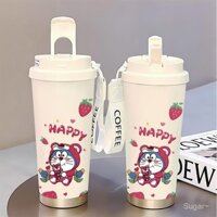 Cốc cà phê xanh Fat, thiết kế gấu dâu, cốc ấm có dây đeo, bình nước lạnh, bình chân không, cốc cà phê bằng thép không gỉ chịu nhiệt 316 QYA5