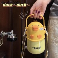 Cốc cách nhiệt hoạt hình ALARION, có bình chân không chống rơi ống hút, ấm đun nước dung tích lớn hình con vịt Bình giữ nhiệt hợp thời trang dành cho sinh viên