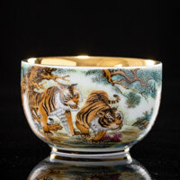 Cốc chủ nhân vàng thật năm con hổ màu pastel cốc mạ vàng hoàn toàn thủ công cốc trà quà tặng gia dụng cốc đơn cao cấp cốc trà vàng
