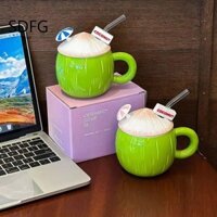 Cốc Dừa Gốm SDFG, Tay Cầm Tiện Lợi Cốc Cà Phê Sáng Tạo Dung Tích Lớn Có Nắp, Chống Bụi Chống Trơn Trượt Chịu Nhiệt Với Ống Hút Thủy Tinh Đồ Uống Mùa Hè Dễ Thương Sữa