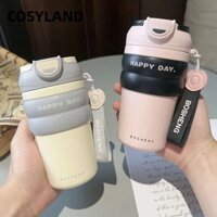 Cốc giữ nhiệt COSYLAND, Bình giữ nhiệt uống nước đôi bằng thép không gỉ, có cốc giữ nhiệt ống hút