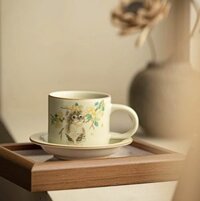 Cốc gốm họa tiết mèo hoa vàng, cốc pha trà cà phê hình mèo, cốc có đĩa kê đẹp có thể dụng đựng bánh mứt