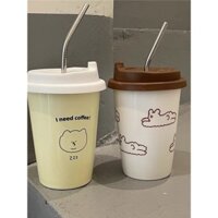 Cốc Gốm Sứ Dung Tích 370ml Có Nắp Cốc Silicone Và Ống Hút Thép Không Gỉ Phong Cách Hàn Quốc