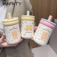 Cốc hút chân không WAPKTY, Cốc gấu bơ hoạt hình bằng thép không gỉ, Cốc uống nước cầm tay 500ml