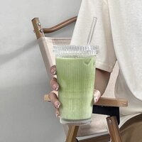 Cốc Ins Cốc thủy tinh sọc dọc cao cấp, cốc nước, cốc sữa, cốc cà phê đá, cốc đồ uống có nắp và ống hút YVUB