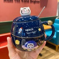 Cốc Ly Sứ Cafe Hình Phi Hành Gia Có Nắp 3D Kèm Thìa Mèo Thỏ Dễ Thương 500ml