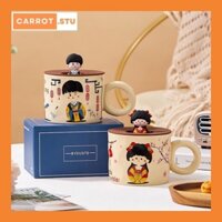 Cốc ly sứ Cặp đôi Hán phục dung tích 250ml kèm nắp nhựa và hộp quà đựng cafe, nước, quà tặng bạn bè