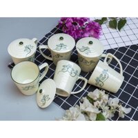 Cốc ly sứ có nắp Bát Tràng cao cấp - Cốc sứ uống trà - Cốc sứ uống nước đẹp có nắp giá rẻ - Sen xanh