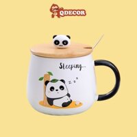Cốc Ly Sứ Gấu Trúc Panda Kèm Nắp Gỗ Và Thìa Mẫu Mã Đáng Yêu Dung Tích 480ml Dùng Hàng Ngày, Quà Tặng - QDECOR