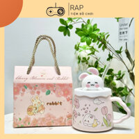 Cốc Ly Sứ Thỏ Gấu Cute Kèm Nắp, Ống Hút, Túi Quà Dùng Làm Quà Tặng, Uống Nước Hàng Ngày - RÁP