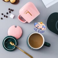 CỐC LY SỨ UỐNG TRÀ CAFE CÓ NẮP KÈM THÌA VÀNG