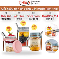 Cốc ly thủy tinh ăn ngũ cốc ăn sáng, đựng gia vị, đựng mứt có nắp,có vạch chia kèm muỗng INOX 304 cán gỗ sang trọng-THEA