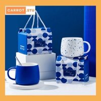 Cốc men sứ xanh trắng kèm túi quà tặng, thìa dùng hàng ngày, đựng cafe, nước, sữa, quà tặng kỉ niệm