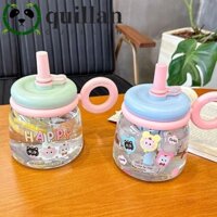 Cốc nhựa trong suốt QUILLAN, Chai nước Graffiti dây nâng 950ml, Cốc sữa Ống hút họa tiết mèo Chai nước uống chống bụi