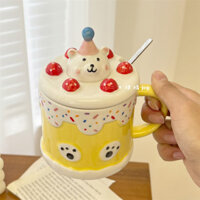 Cốc Nước Cốc Trà Cốc Cà Phê Cốc Sữa Niche Đơn Giản Có Nắp Hộ Gia Đình Cô Gái Cốc ins Giá Trị Cao Retro Dễ Thương Kem Bánh Gấu Cốc