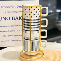 Cốc nước đen trắng phong cách retro Hepburn bằng gốm, bộ cốc xếp chồng có giá đỡ PN8Y