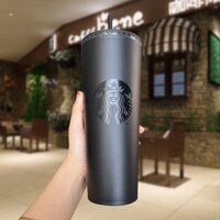 Cốc nước họa tiết logo Starbucks hai lớp màu đen nhám có ống hút