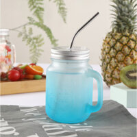 Cốc nước thủy tinh có tay cầm tặng kèm ống hút inox CTT01 - 1.10 chữ nổi xanh mờ