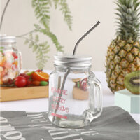 Cốc nước thủy tinh có tay cầm tặng kèm ống hút inox CTT01 - 1.3 Chữ hồng cherry