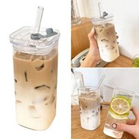 [Cốc Ống Hút] Cốc Thủy Tinh 400ml Có Nắp Và Ống Hút Cốc Cà Phê Đá Cốc Uống Vuông Cho Nước Cà Phê Đá Nóng Ong