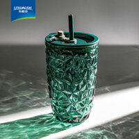 Cốc ống hút thủy tinh cốc nước màu xanh lá cây đậm màu cơ bản không chì dày kết cấu hình học nổi tiếng trên mạng đồ uống có giá trị cao cốc nước trái cây 5SQY