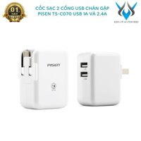 Cốc sạc 2 cổng Pisen TS-C070 tích hợp 1 USB 1A và 1 USB 2.4A - thiết kế chân gập tiện lợi (Trắng) Phụ kiện 1986