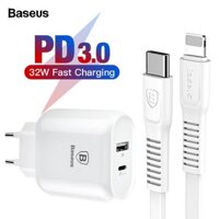 Cốc sạc nhanh Baseus công suất 32W cổng TypeC và PD Sạc Nhanh USB Charger Đối Với iPhone X 8 kèm cáp Type C Cáp Sạc Nhanh Sạc Điện Thoại Cho Samsung S9 S8