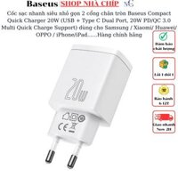 Cốc sạc nhanh siêu nhỏ gọn chân tròn Baseus Compact Quick Charger 20W USB  Type C Dual Port, 20W PDQC 3.0 Multi Quick Charge Support dùng cho Samsung  Xiaomi Huawei OPPO  iPhoneiPad......Hàng chính hãng - Màu Trắng