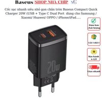 Cốc sạc nhanh siêu nhỏ gọn chân tròn Baseus Compact Quick Charger 20W USB  Type C Dual Port, 20W PDQC 3.0 Multi Quick Charge Support dùng cho Samsung  Xiaomi Huawei OPPO  iPhoneiPad......Hàng chính hãng - Màu Đen