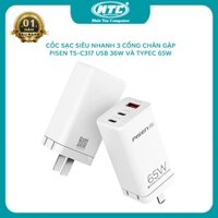 Cốc sạc siêu nhanh 3 cổng Pisen TS-C137 hỗ trợ QC 4.0/PD 3.0/FCP/AFC/PE/PPS/VOCC - typeC 65W và USB 36W (Trắng) Nhất Tín
