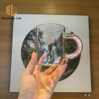 Cốc Starbucks Cốc Thủy Tinh Trong Suốt Màu Hồng Tay Cầm Tình Yêu Cốc Cà Phê Văn Phòng Để Bàn Cốc Nước 355ml