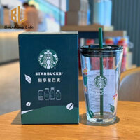 Cốc Starbucks Frappuccino Lá Xanh Đậm Rơm Cốc Để Bàn Thủy Tinh Xanh Trong Suốt Nước Sữa Cốc Nước 450ml