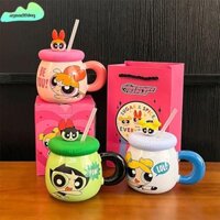 Cốc Sứ AGOODTHING, Anime Powerpuff Girls Cặp Đôi Cốc Nước, Thiết Kế Ống Hút Dễ Thương Ngoại Vi Có Nắp Hoạt Hình Cốc Quà Tặng