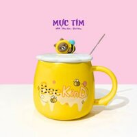 Cốc Sứ Bee kind màu vàng có nắp và muỗng đi kèm
