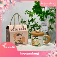 Cốc Sứ Cao Cấp Gấu Kute Kèm Hộp Quà Tặng Ly Cốc Uống Nước Văn Phòng Cà Phê Có Nắp Ống Hút
